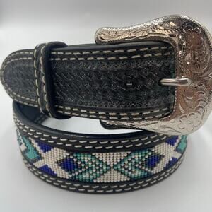 Ranger Belt Company Western Beaded Leather Belt Silver Buckle 30 S